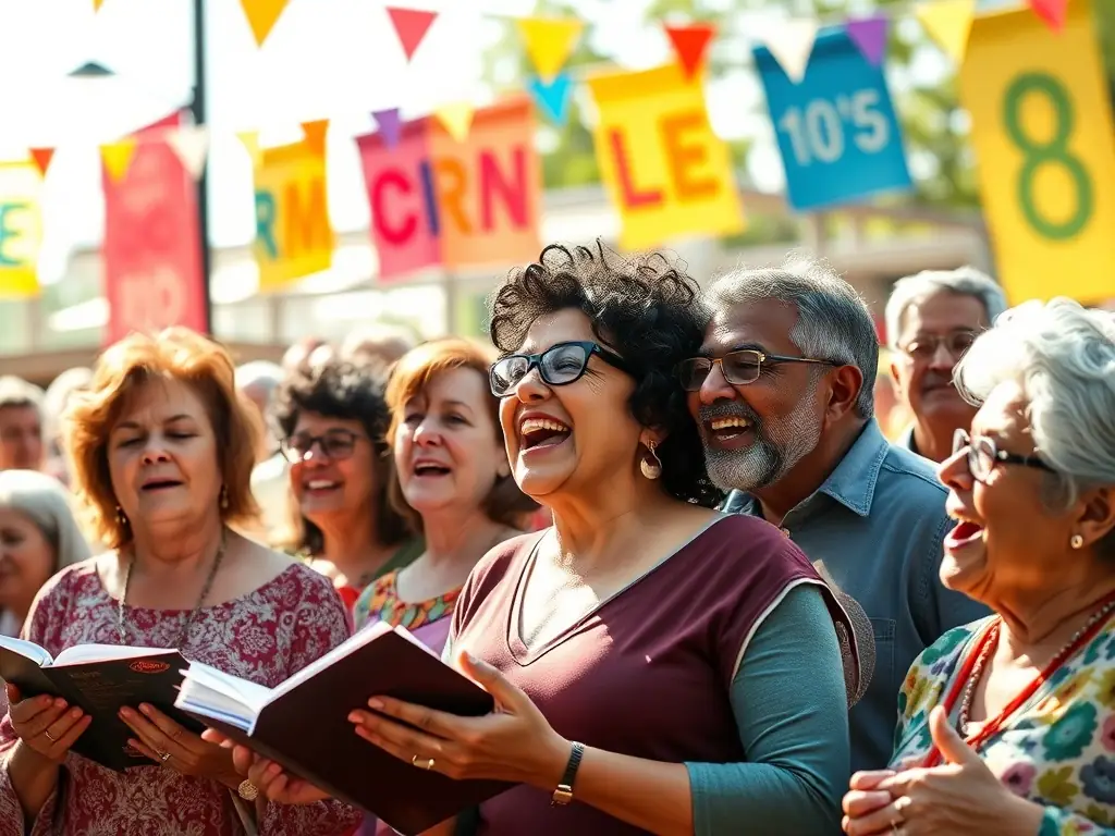 A photograph of choir members participating in a community outreach event, such as singing at a local festival or senior center.