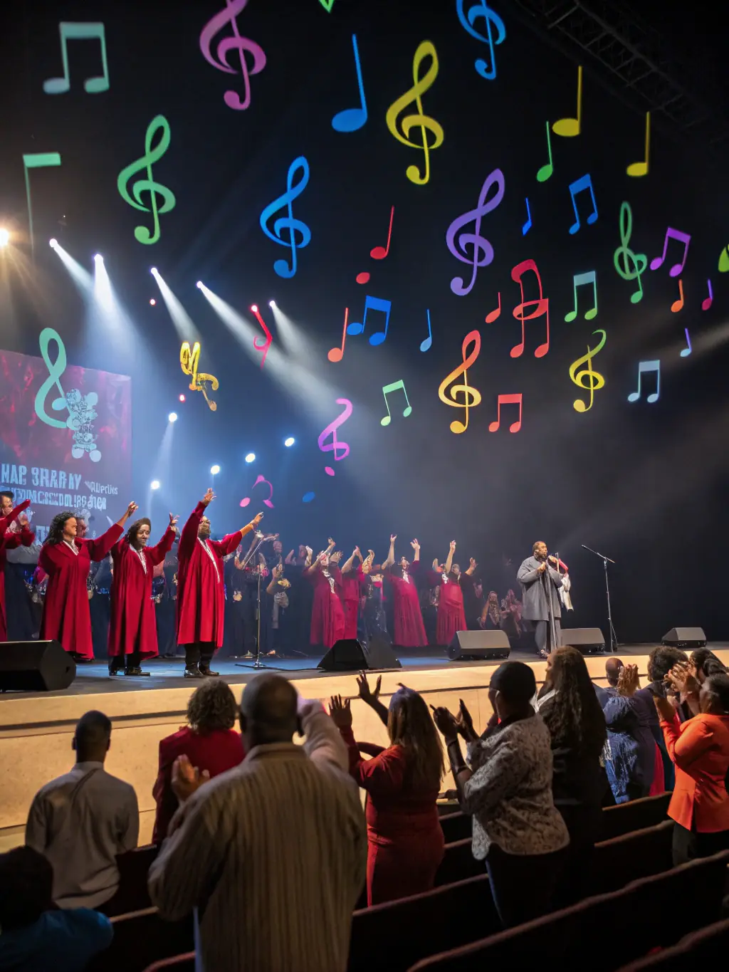 A vibrant scene from a LE CHANT DES EAUX CLAIRES concert, capturing the energy and passion of the performers and the audience's enthusiastic response.
