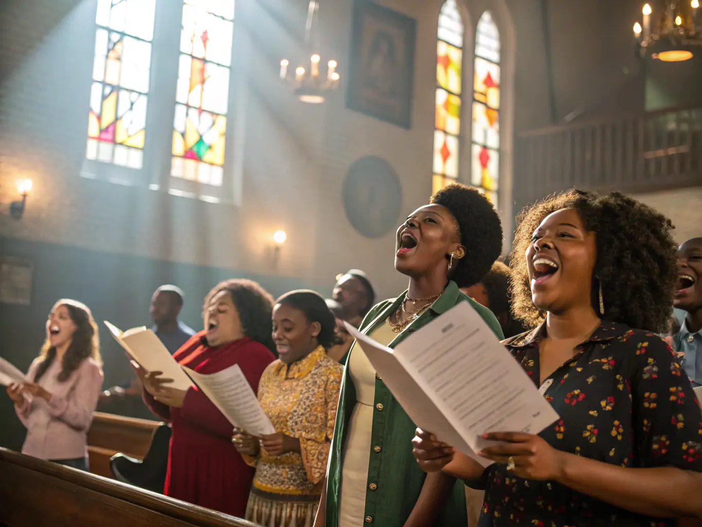 A photograph capturing a diverse group of choir members joyfully singing during a rehearsal, set in a community hall with natural light streaming through the windows.