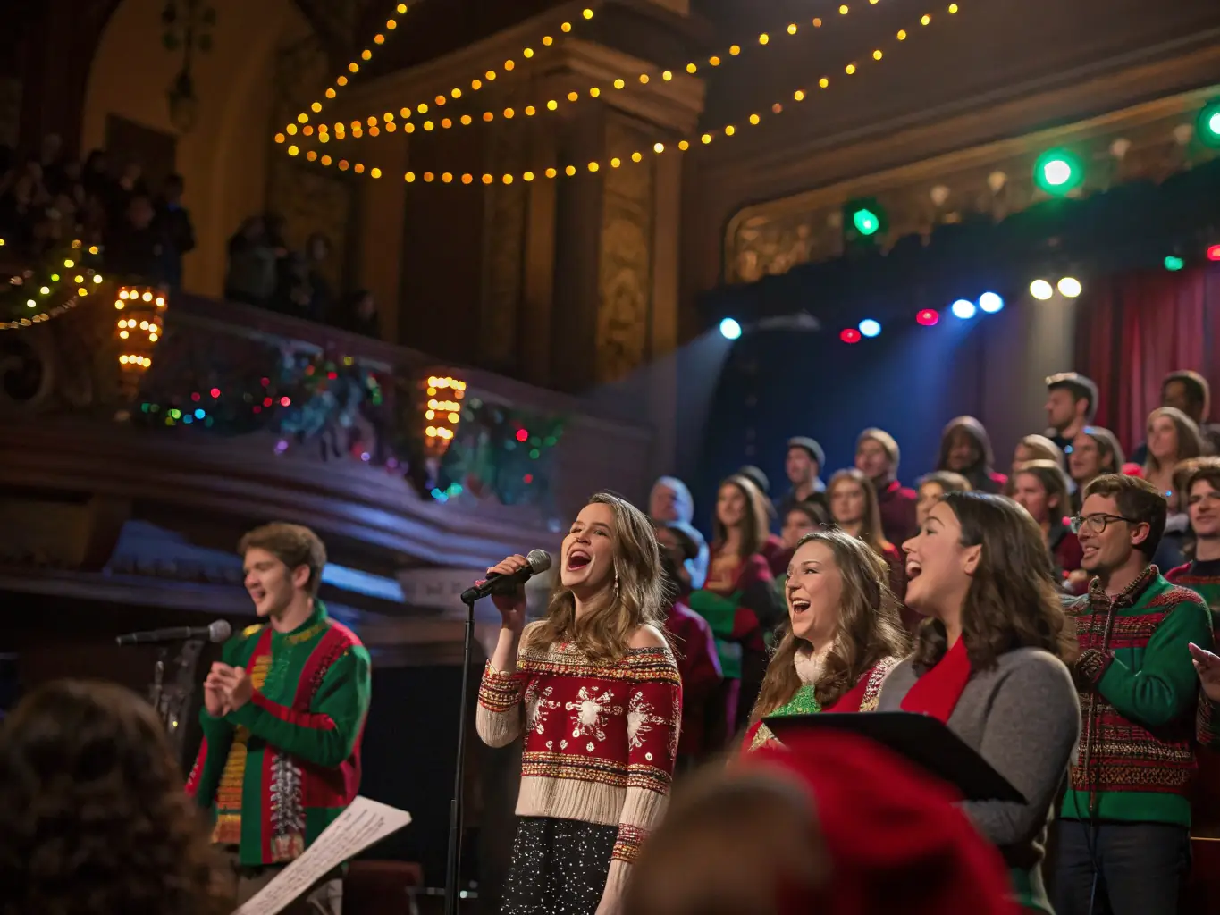 A photograph of a choir performing on stage during a seasonal concert, with an appreciative audience in the background.
