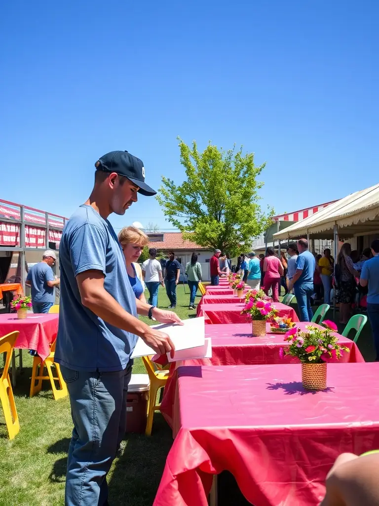 Volunteers assisting with event setup at a LE CHANT DES EAUX CLAIRES community event, demonstrating the organization's reliance on dedicated support.